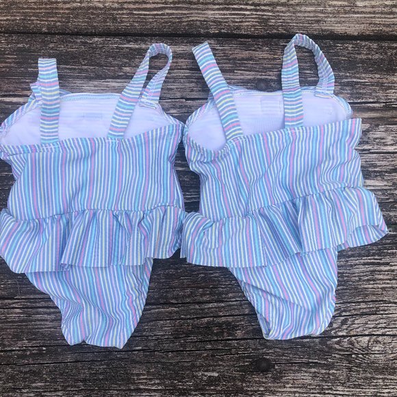 New Set of 2 Twins Crown & Ivy Baby Girls Striped One Piece Swimsuits  Size 12M - Picture 4 of 4